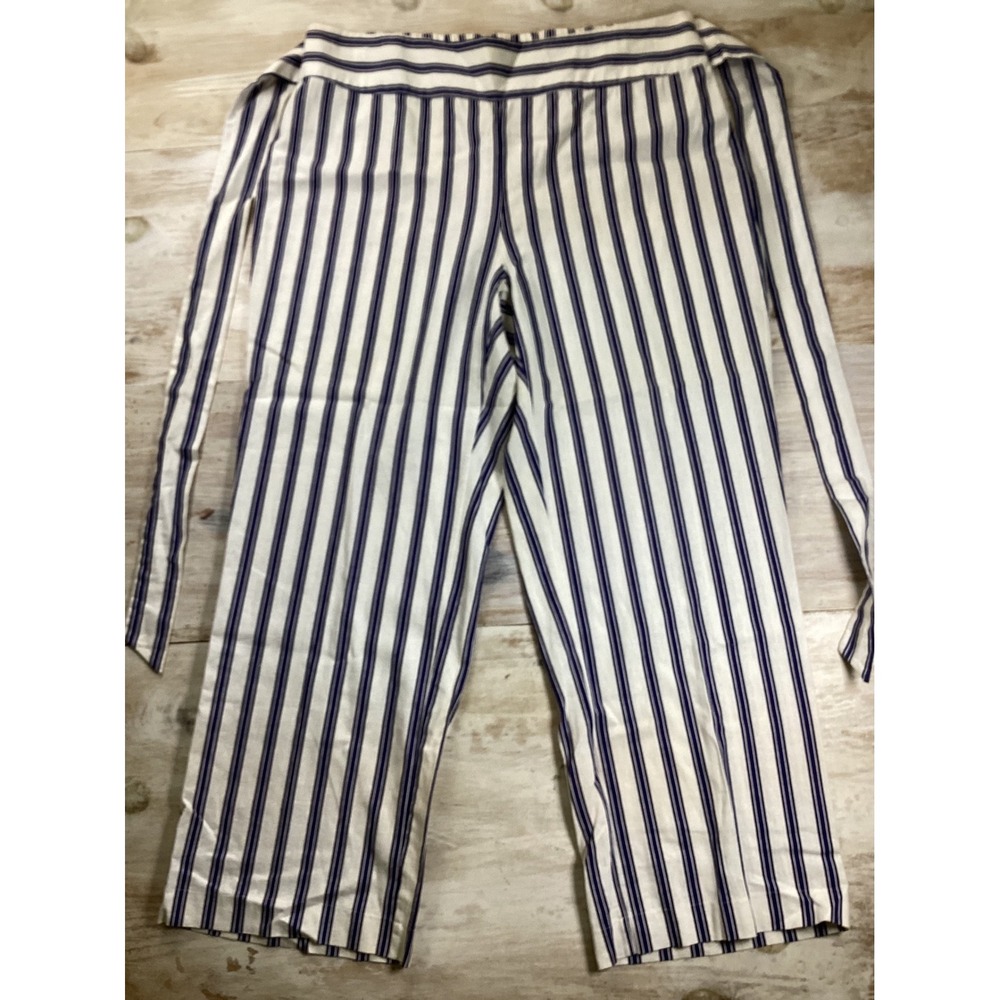 Curvy Striped Linen Blend Tie Waist Crop Pants Blue White 2X nautical beachy